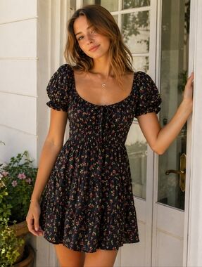 Hesperus Black Floral Puff Sleeve Mini Dress  Cottagecore Rose Print Size Small
